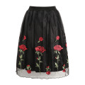 Retro Rose Floral Embroidery Midi Tulle Puff Skirts Vintage Women High Waist Skirts Saia Feminina 2018 Mesh Skirts Ball Gown